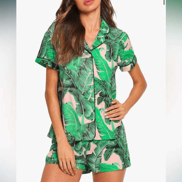NWT! Floerns Women's Notch Collar Green/Pink Palm Print 2-Piece PJ Set, Size Sm - Picture 3 of 8